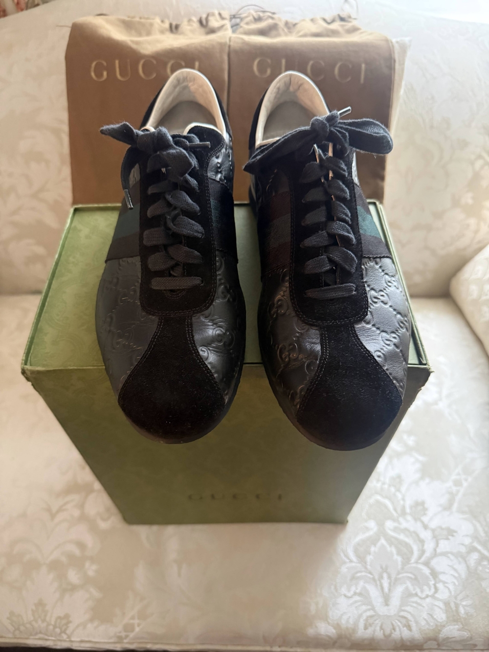 Authentic Gucci Black Embossed Leather & Suede Sneakers